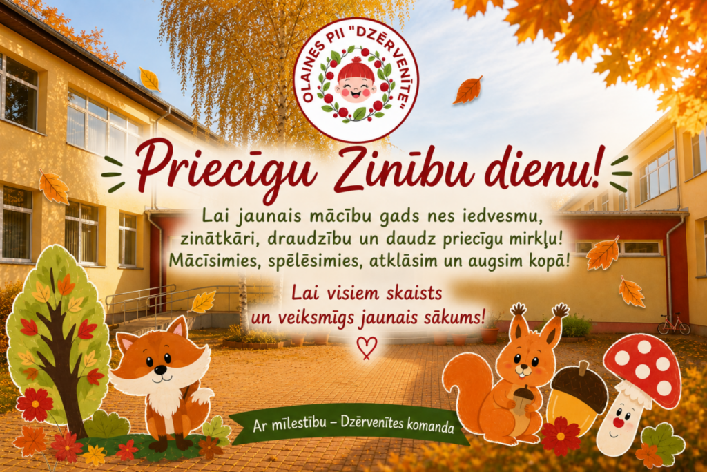 PRIECĪGU ZINĪBU DIENU RUDENĪGI DZĪVNIECIŅI LAPSA UN VĀVERE FONĀ IZGLĪTĪBAS IESTĀDES ĒKA SVEIIENS ZINĪBU DIENĀ