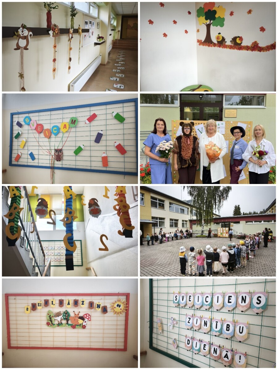 Zinību dienas svinības pirmsskolā – svētkiem rotātas telpas, rudens dekorācijas, pedagogi un bērni kopīgajā Zinību dienas pasākumā.